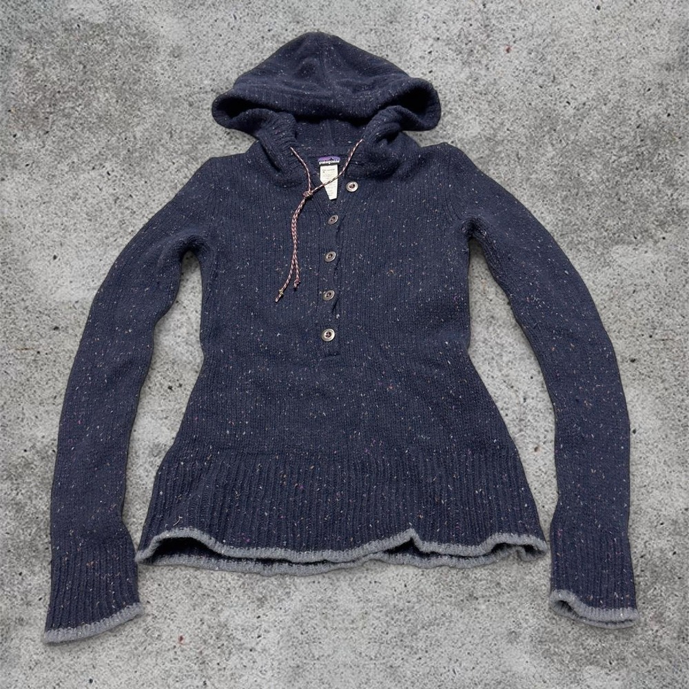 Patagonia Navy Flecked Hooded Button-Up Sweater